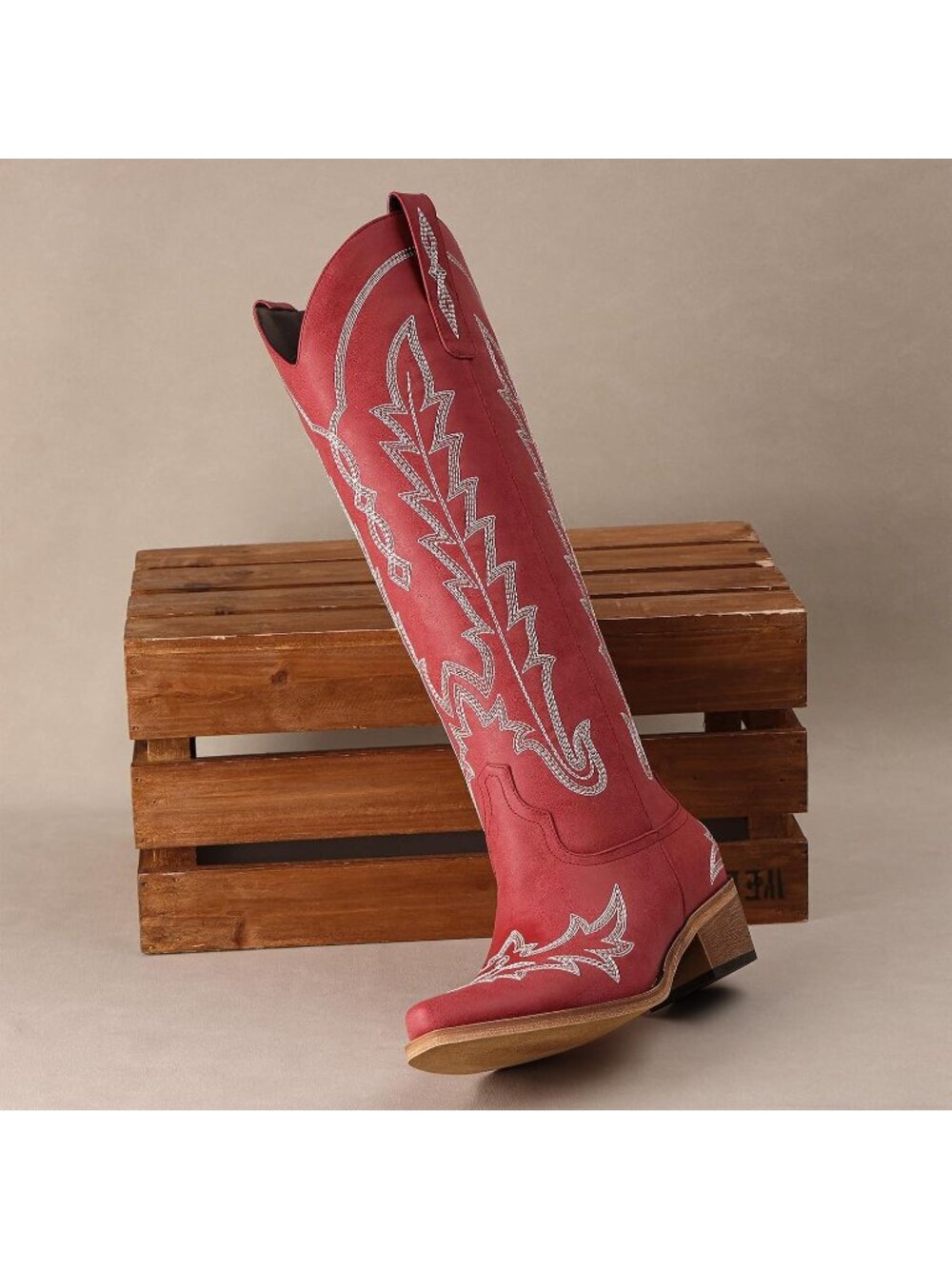 Women's Wine Red Knee High Pointed Toe Chunky Heel Pull On Zipper Cowgirl Boots - Picture 4 of 5